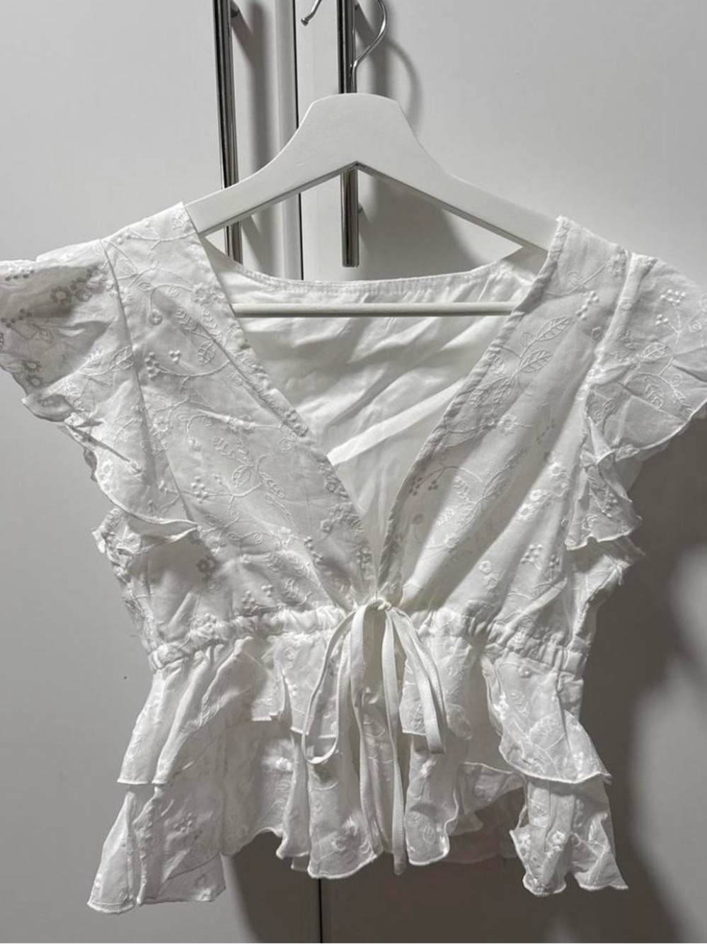 White Eyelet Tie-Front Ruffle Top